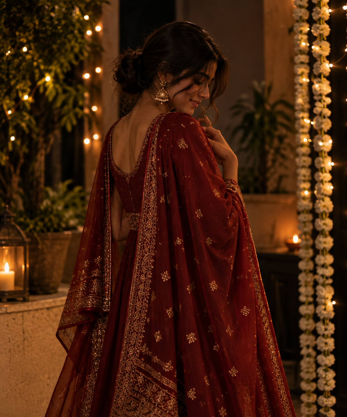 Woman wearing a traditional festive outfit and dupatta at night