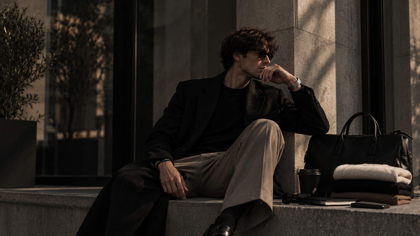 Man in a navy suit and white shirt standing outdoors in front of a glass building